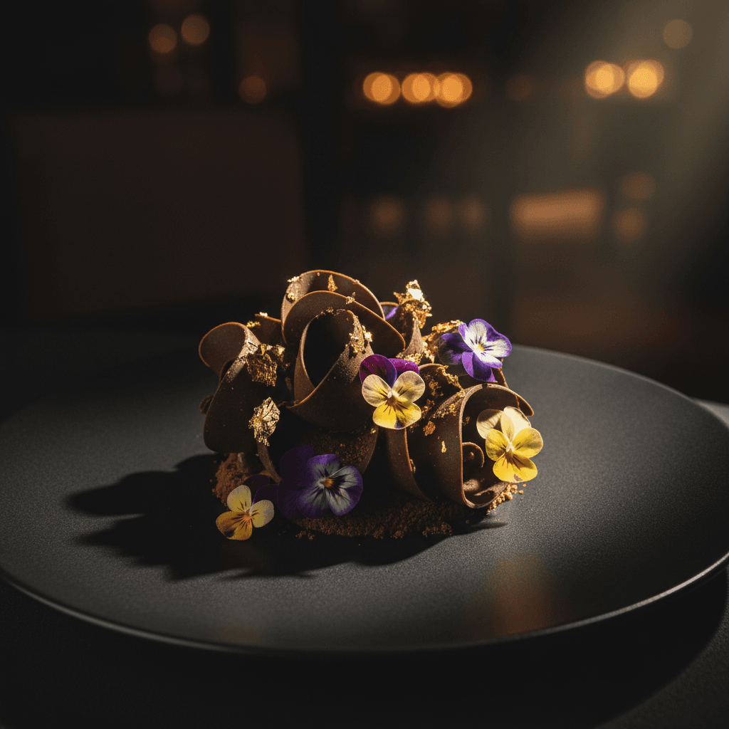 Elegantly plated chocolate dessert with gold leaf in dark moody lighting