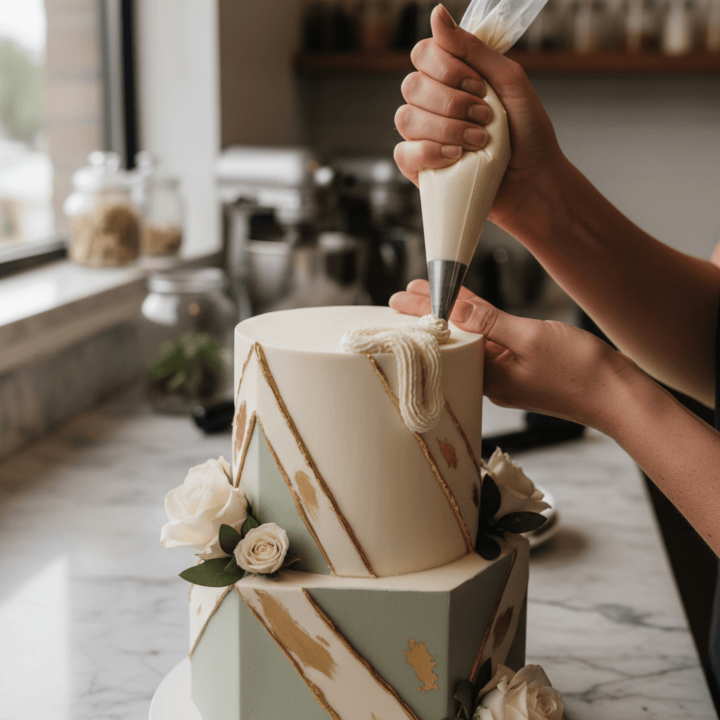 Mirror glaze cake in deep green with gold drip