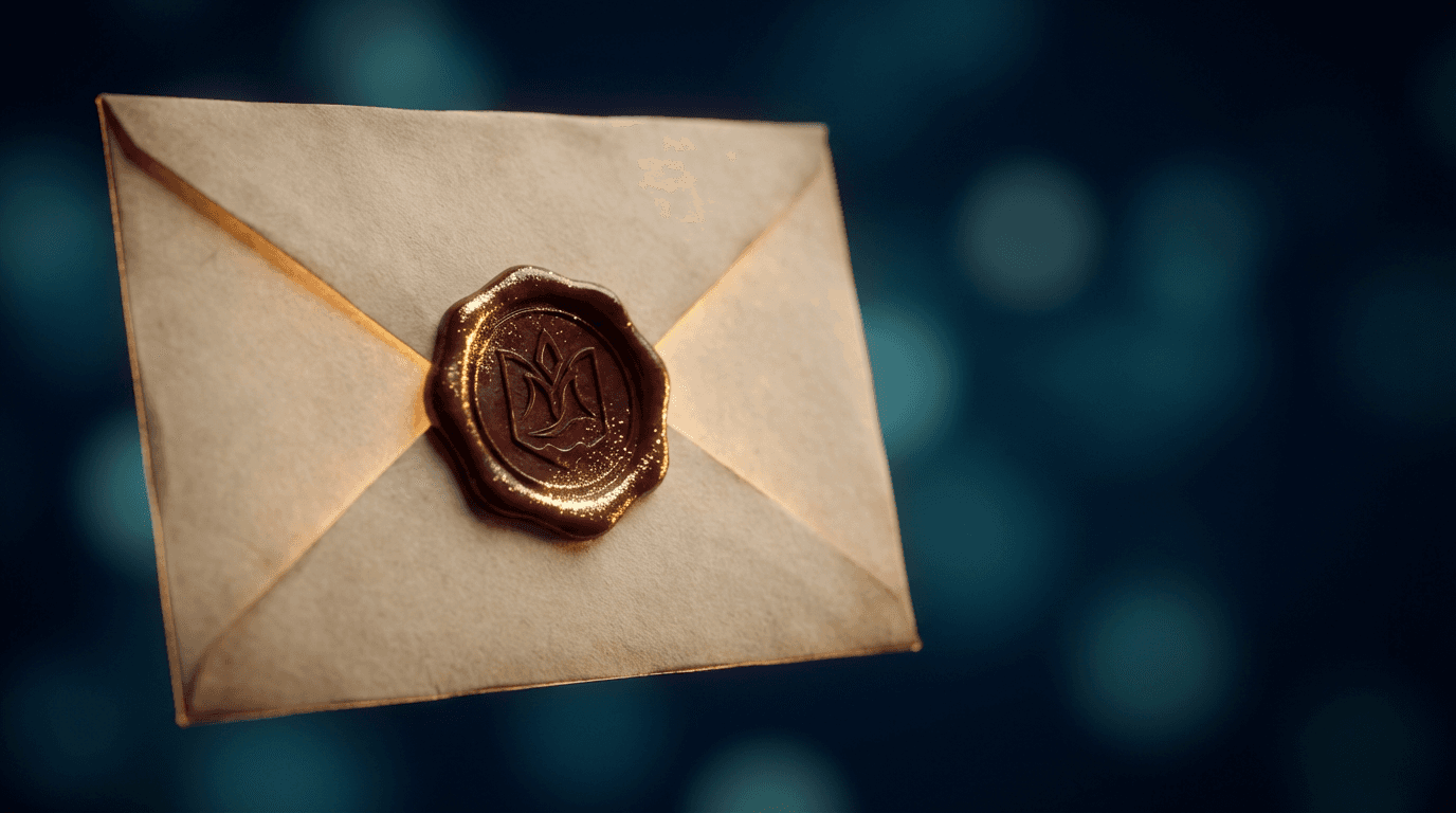 Hand placing a sealed black envelope on dark marble with candlelight in background