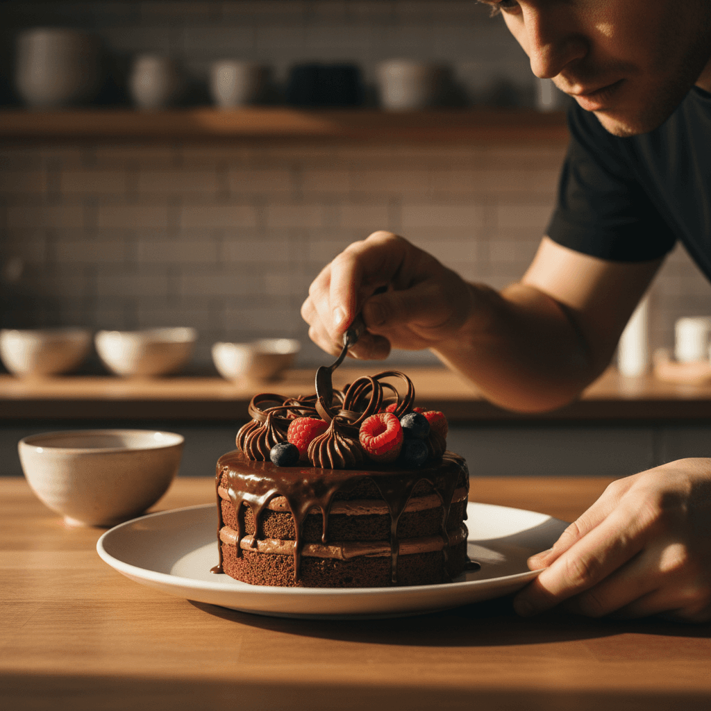 Hands piping cream onto a plated dessert