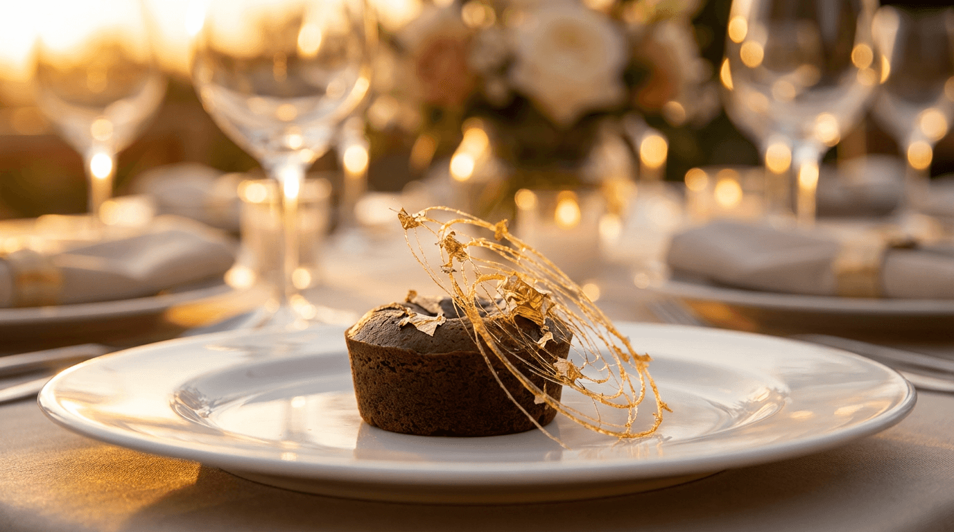 Elegant dark chocolate dessert on a black plate with gold accents