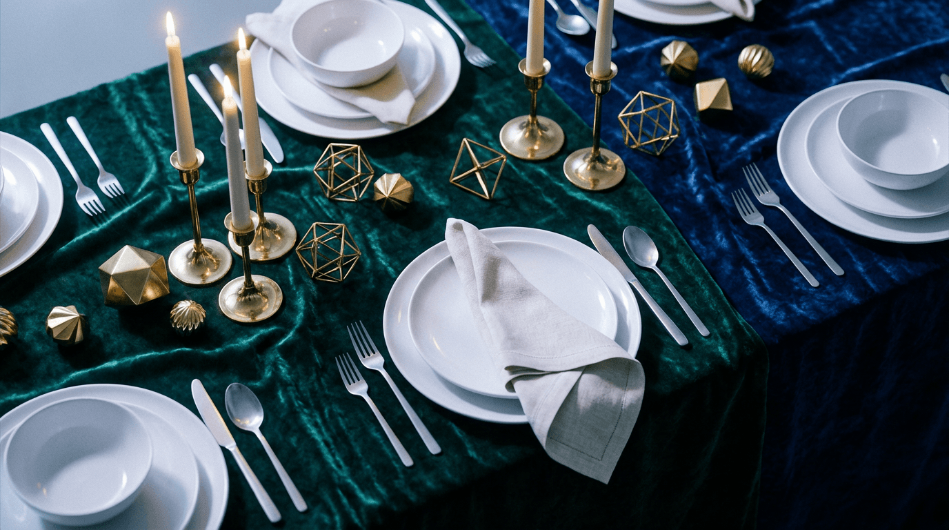 Elegant candlelit table set with a single ornate chair and dessert plate