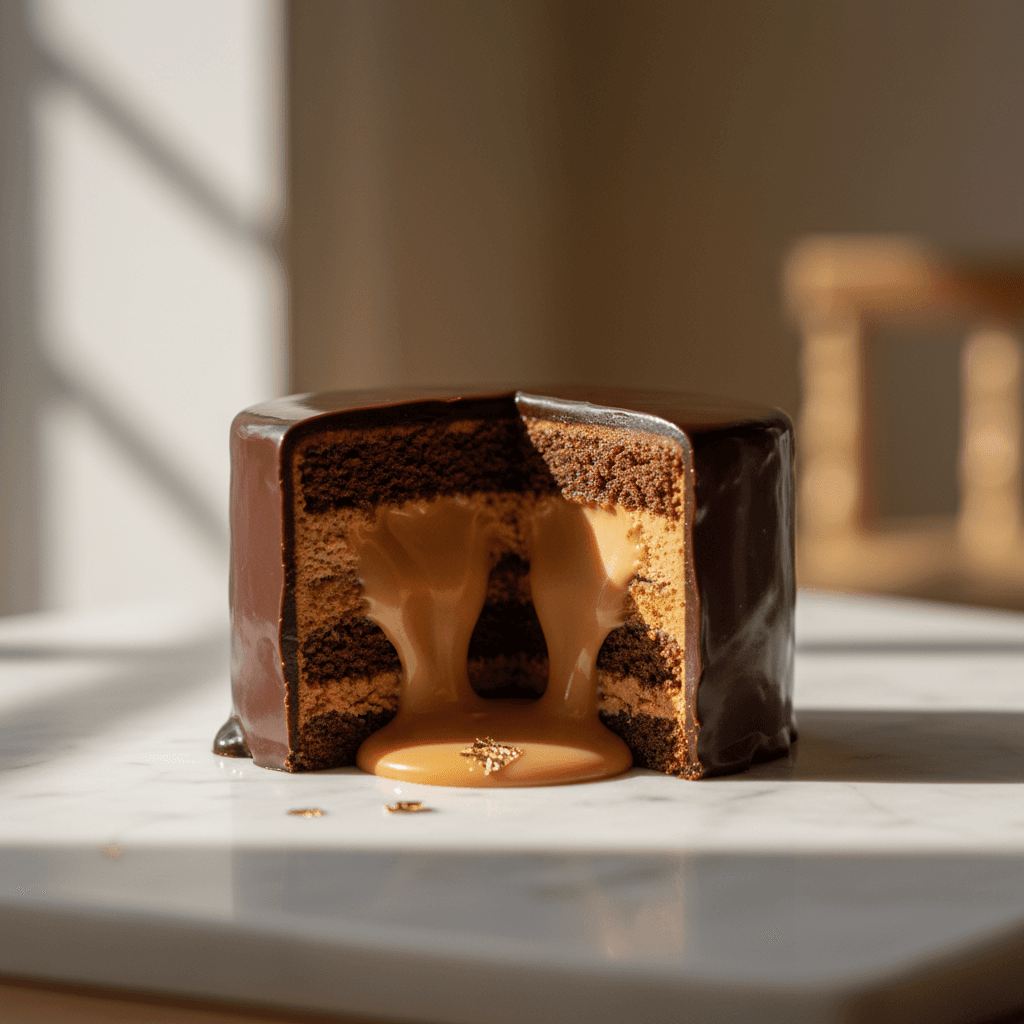 Layered chocolate torte with ganache and gold leaf