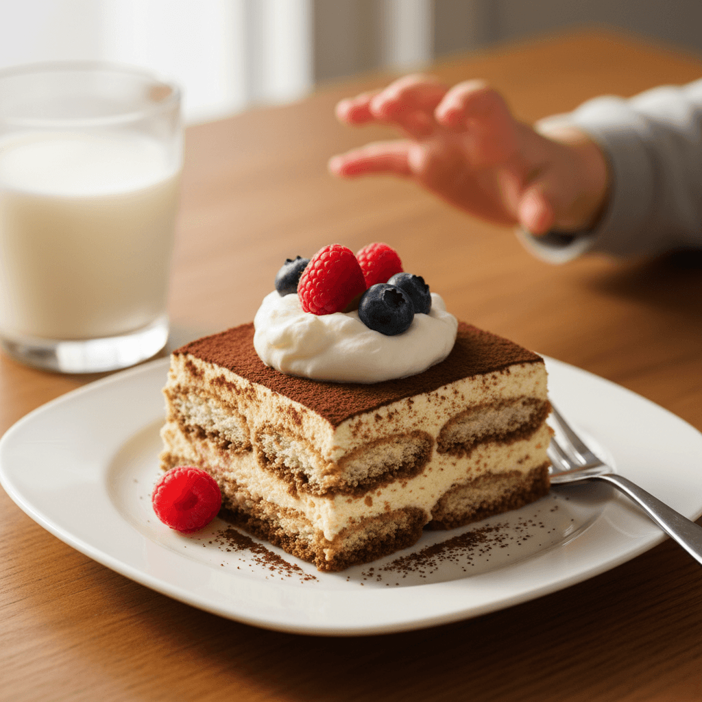 Hand slicing a layered dessert revealing the interior